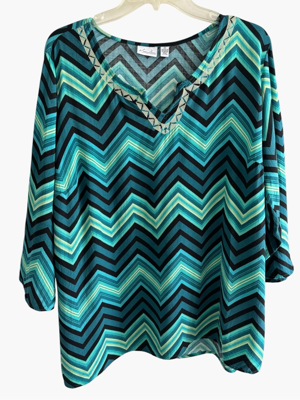 Kim Rogers Chevron Print V-Neck Tunic Top 2X Pullover 3/4 Sleeves